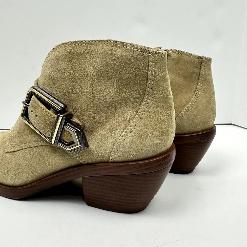 NEW Vince Camuto Ashena Tan Suede Leather Buckle Zip Up Bootie Ankle Boots